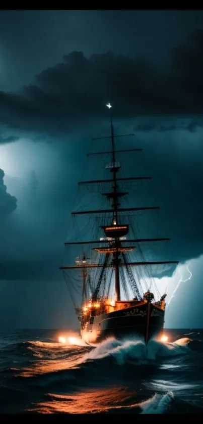 Ship sailing through stormy seas with dramatic lightning and dark clouds.