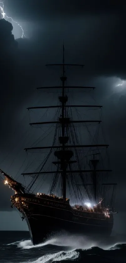 A ship navigates a stormy ocean with lightning in the dark sky.