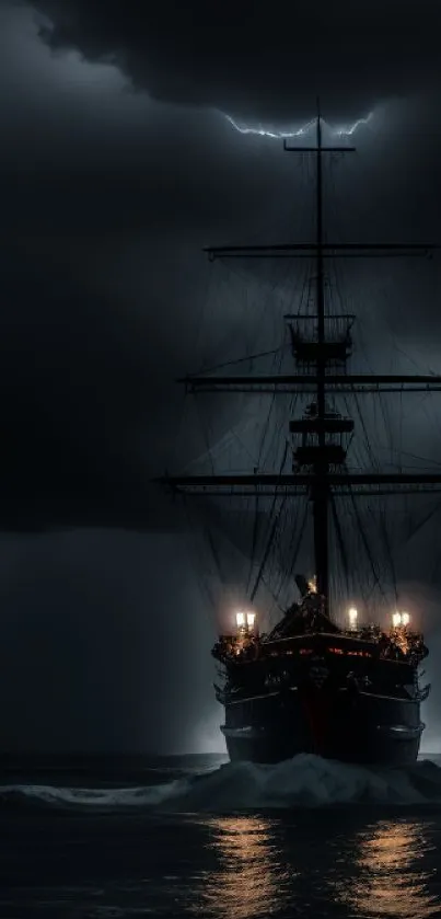 Silhouette of a ship sailing through a stormy sea under a dark, dramatic sky.