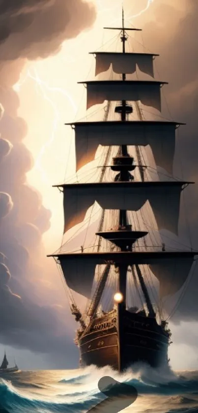 A majestic ship sails through a stormy sea, surrounded by dramatic clouds and lightning.