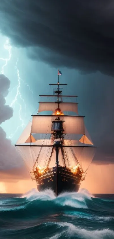 Ship navigating through stormy seas with lightning in the background.