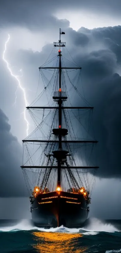 A majestic ship sails through a storm, illuminated by a dramatic lightning strike.