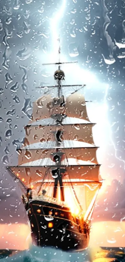 Majestic ship sailing through a storm with lightning and rain droplets.