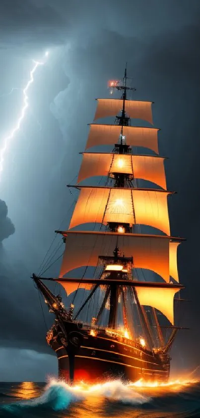 Dramatic ship sailing through a storm with lightning in the background.