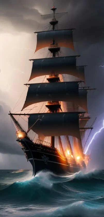 Majestic ship in stormy sea under dramatic lightning.