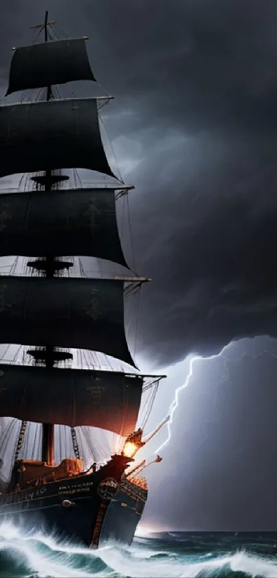 Majestic ship sailing through a storm with lightning on the sea.