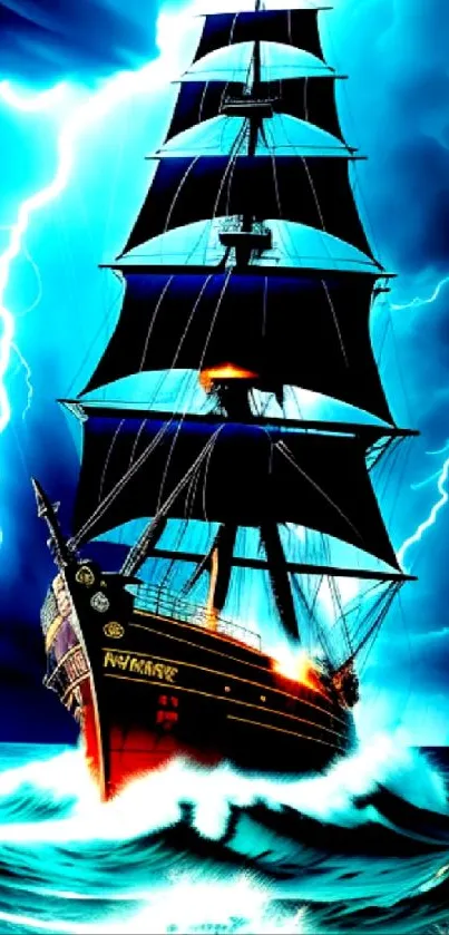 Majestic ship sails through storm, illuminated by vivid lightning and ocean waves.