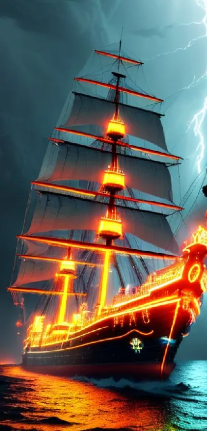 Illuminated ship sails through a storm with lightning in the background.