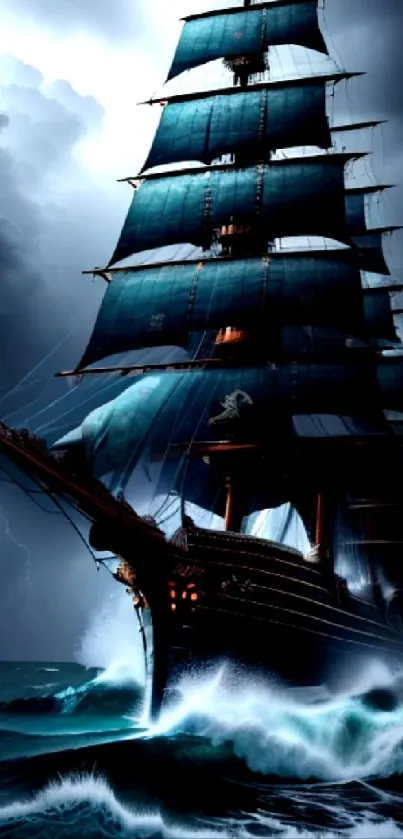 Majestic ship sailing through stormy seas with lightning and waves.