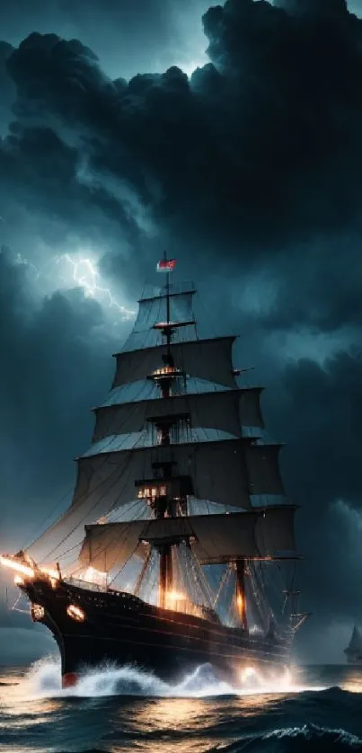 A majestic sailing ship braving a stormy sea with dramatic clouds and lightning.