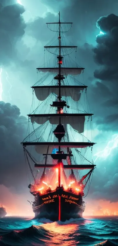 Tall ship sailing through a stormy sea with lightning in the background.