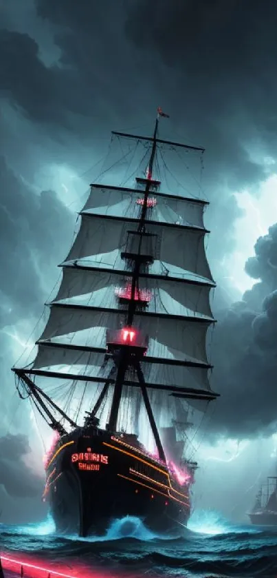 Majestic ship sails through stormy seas under dramatic night skies.