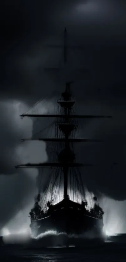 Silhouetted ship in dark stormy sea, creating a mysterious atmosphere.