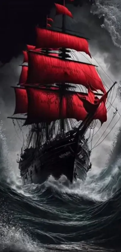 Ship with red sails battling a stormy sea, creating an adventurous wallpaper.