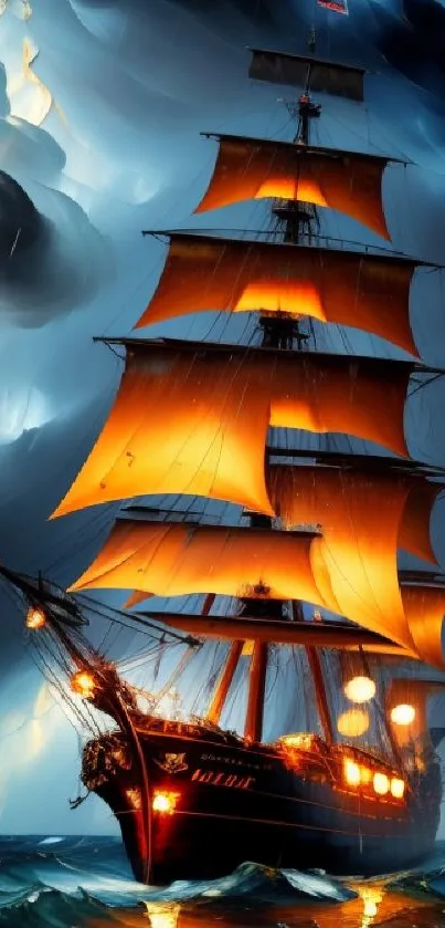 Majestic ship with glowing orange sails in a stormy sea and dark sky.