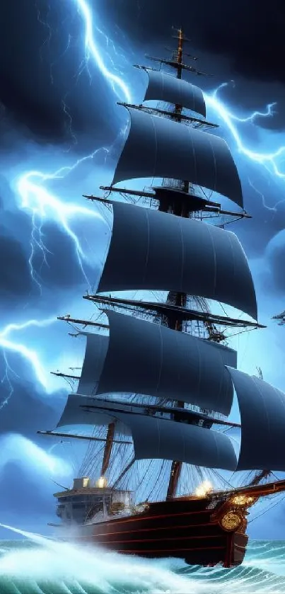 A majestic ship sails through a storm with lightning in the background.