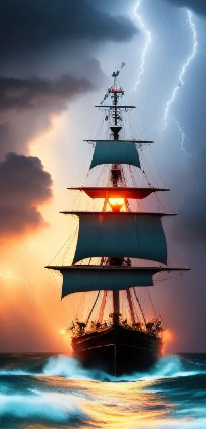 Majestic ship braves stormy sea with lightning in dramatic wallpaper.