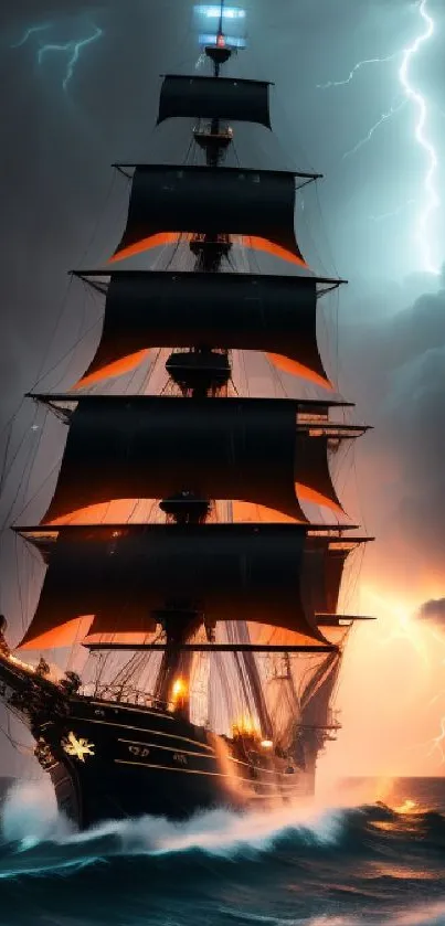 Dramatic ship sails through a lightning storm on turbulent seas.