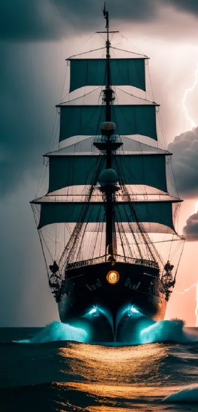 Majestic ship in storm with lightning and dark ocean waves.