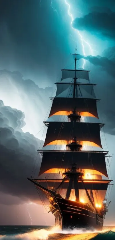 Ship on stormy sea with lightning in dramatic sky.