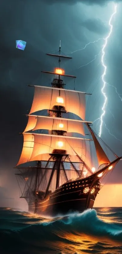 Majestic sailing ship in a storm lit by lightning over a dark ocean.