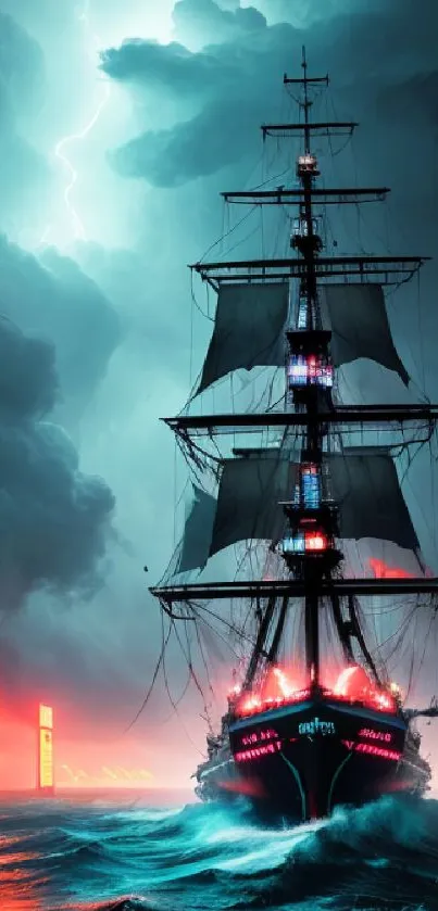 Majestic ship sails through stormy seas with vivid red and blue highlights.