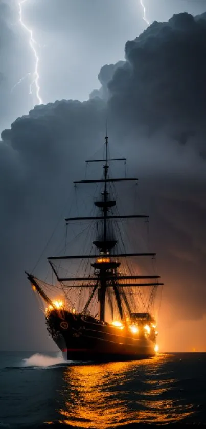 Majestic ship sails through a stormy sea with lightning in the background.