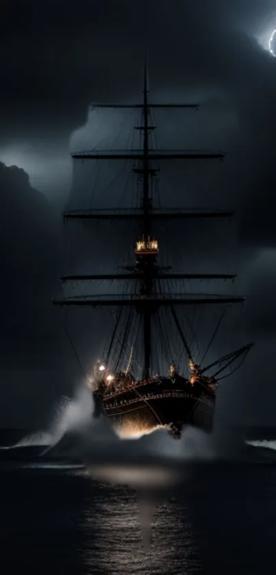 Ship sails at night amid storm with lightning in background.