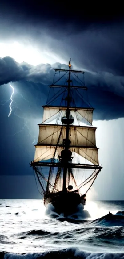 Majestic ship sailing through stormy seas with lightning.