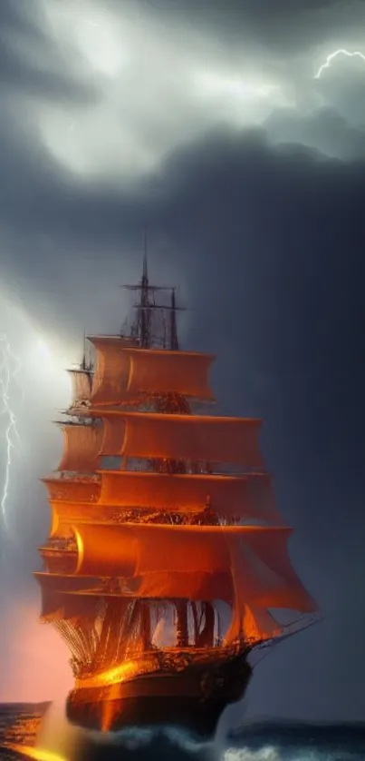 Dramatic ship with orange sails in a stormy sea.