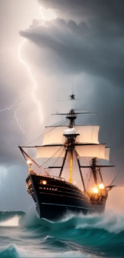 Majestic ship sails through stormy seas with lightning in dramatic wallpaper.