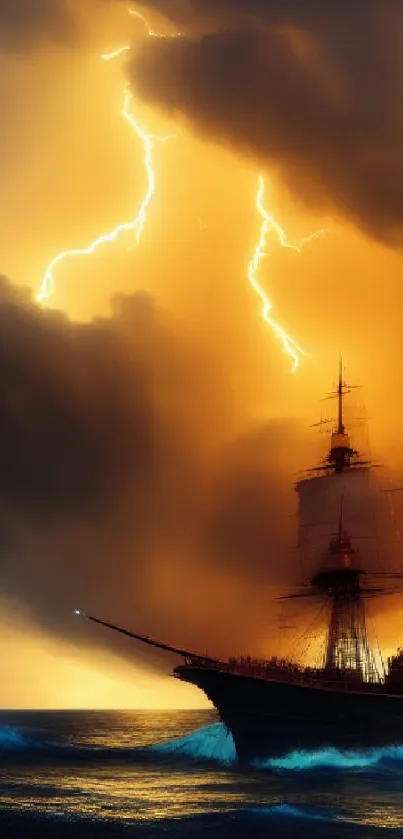 Ship in stormy sea with lightning and dramatic clouds.