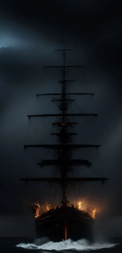 Dramatic ship navigating through a stormy sea with lightning and dark clouds overhead.