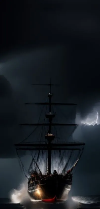 A ship sailing in a storm with lightning in the dark sky.