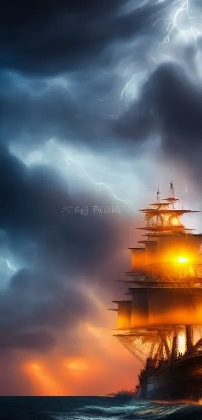 Historic ship in a stormy sea with vibrant lightning and dark clouds.