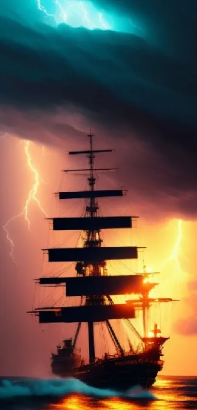 Majestic ship sailing through a lightning storm with dramatic clouds.