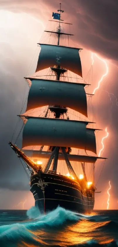 Majestic ship navigating through stormy sea with lightning in dramatic wallpaper.