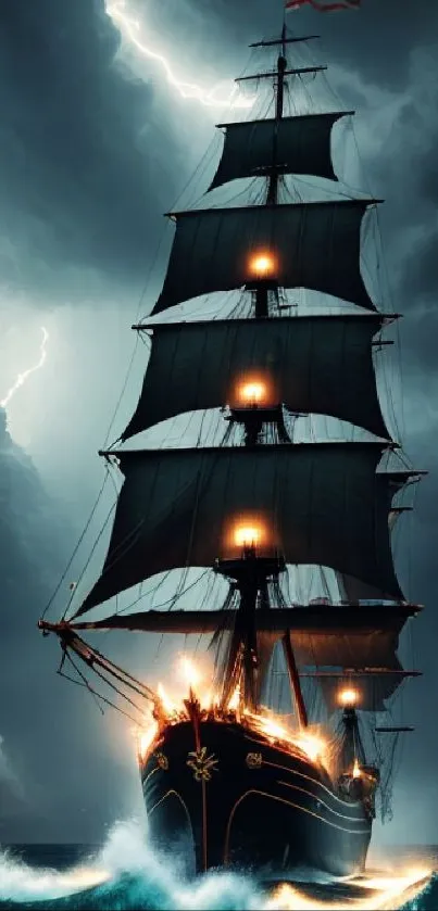 Tall ship sailing through a storm with lightning illuminating the dramatic scene.