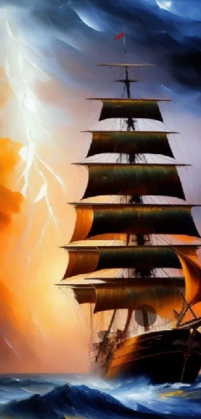 Dramatic ship in stormy ocean with vibrant lightning background.