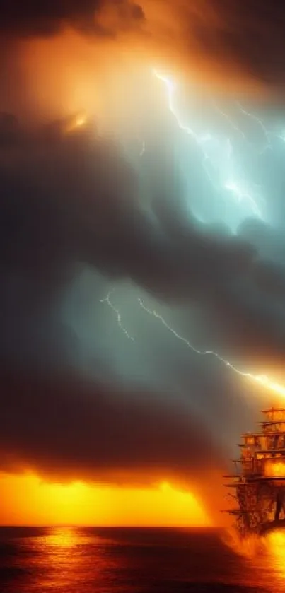 A ship sails through a dramatic storm with fiery and lightning effects.