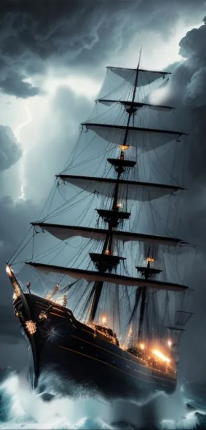 A tall ship braves a stormy, lightning-lit ocean.