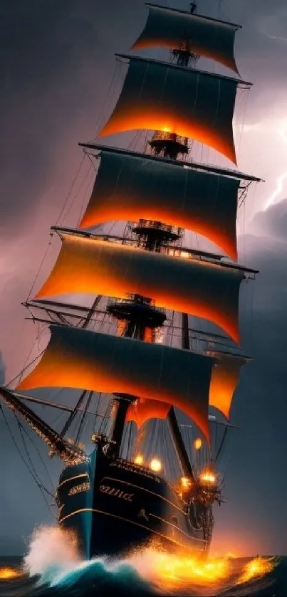 Tall ship braving a storm with lightning in the background.