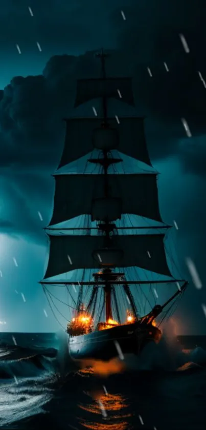 Ship sails through stormy sea with lightning illuminating the night.