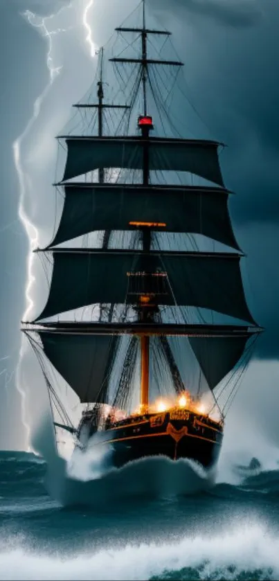 A majestic tall ship sails through a stormy sea with dramatic lightning overhead.