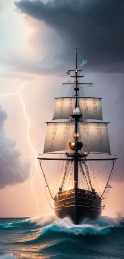 Majestic ship sailing through a storm with lightning in the background.