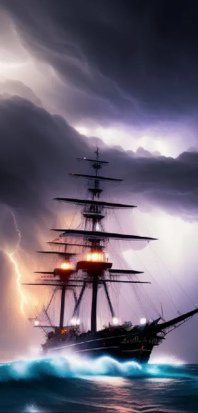 Ship navigating through a storm with lightning and dark clouds.