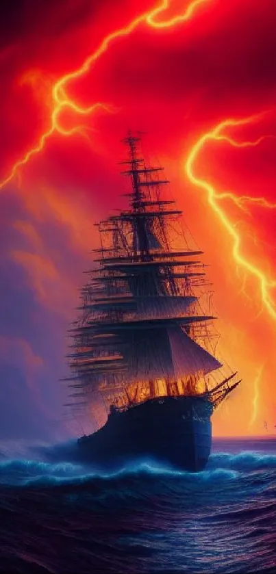 A dramatic ship sailing through a storm, illuminated by vibrant lightning.