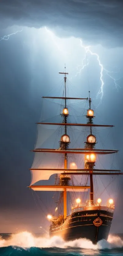 Majestic ship sailing through stormy ocean under dramatic lightning.