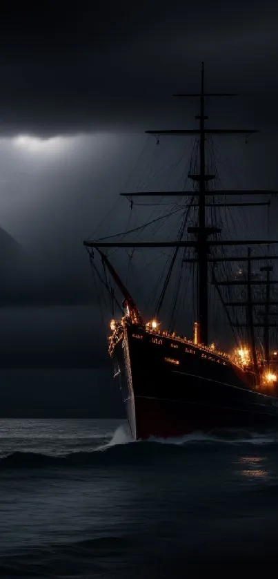 Majestic ship in a stormy sea with lightning illuminating the sky.