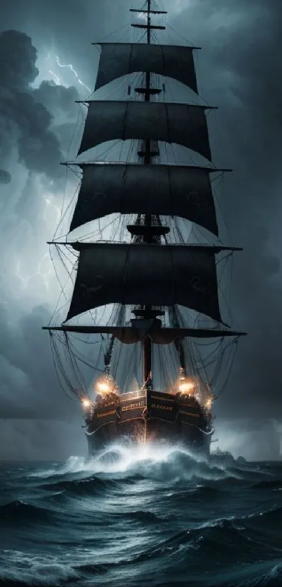 Majestic ship in stormy sea with lightning.